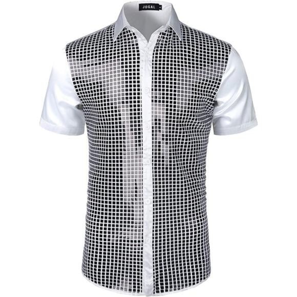 70s Disco Costume Silver Sequins Short Sleeve Button Down Shirts, White Black - Picture 1 of 5